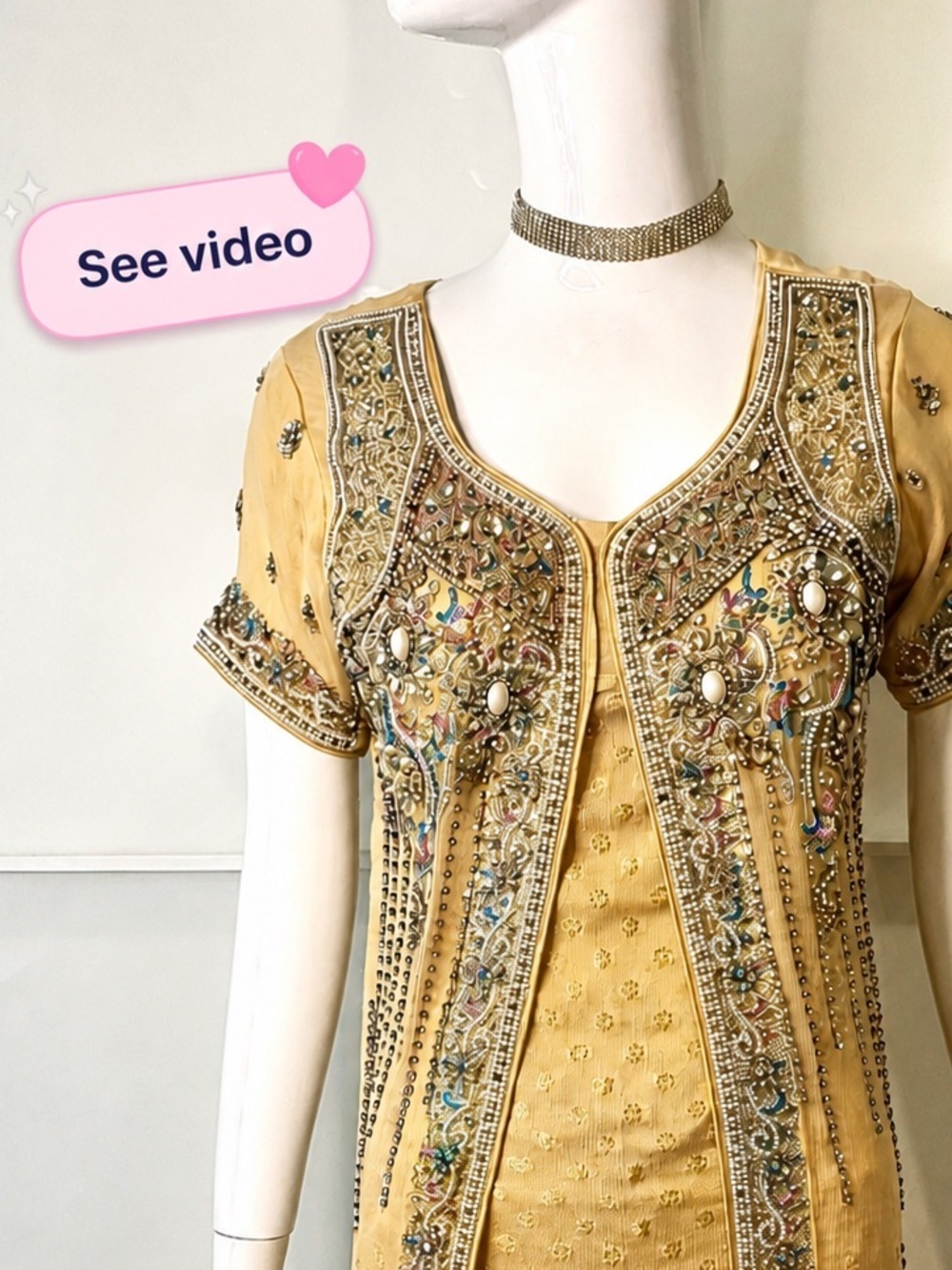 💎 Champagne Beige Embellished Pakistani Formal Gown Eid Wedding Guest Sz S M